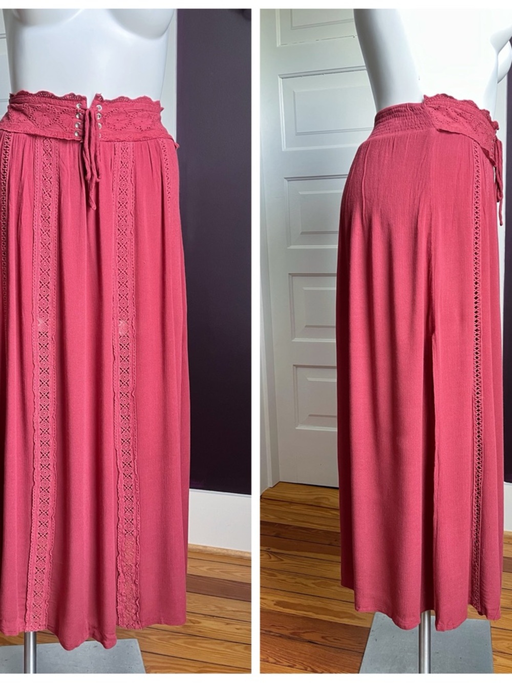 Altar'd State Rose Pink Maxi Skirt with Lace Trim